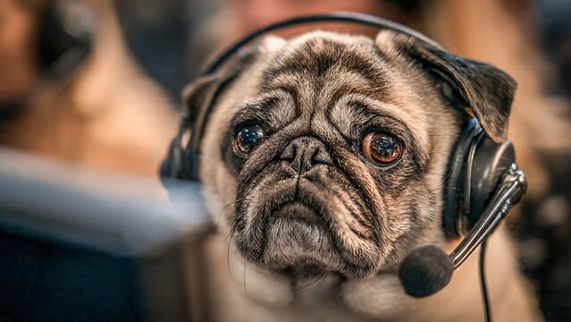 Funny Stressed Pug Dog Wearing Headset Working In Busy Customer Service Call Center Office
