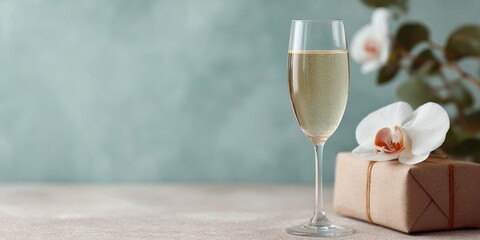 Glass of champagne is on a table next to a brown box