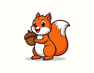 Obraz premium Animated squirrel with vibrant orange fur, large fluffy tail, and happy expression, holding a brown acorn, depicted against white