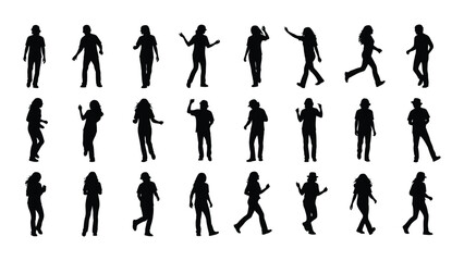 Fototapeta premium Diverse silhouettes of people engaged in various activities and poses isolated on white background, Vector