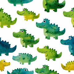 Naklejka premium Premium Toddler Watercolor Crocodile Seamless Pattern in Green and Blue (Cute Dinosaur Style)