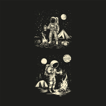 Astronaut camping on a planet with a bonfire and tent under a starry space sky.