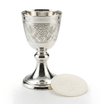 Silver communion chalice with grapes engraving and white wafer host isolated for Eucharist sacrament, ai generated