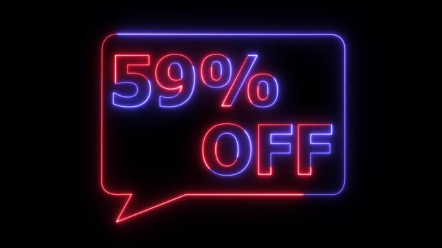 Neon digital sale sign displaying 59 percent off discount on black background with glowing blue and red lighting
