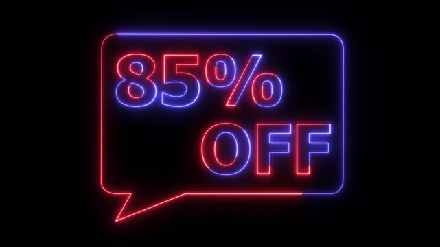 Neon discount sale banner with 85 percent off glowing blue and red digital display on black background
