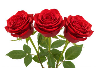 Naklejka premium Three beautiful red roses with green leaves on a white background isolated on transparent background