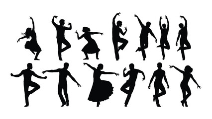 Silhouettes of dancers in various styles and poses isolated on white background, Vector