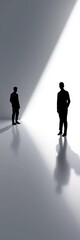 Fototapeta premium A stark graphic motif of stylized figures in stark contrast, casting elongated shadows across a pristine white expanse, digital art, geometric figures
