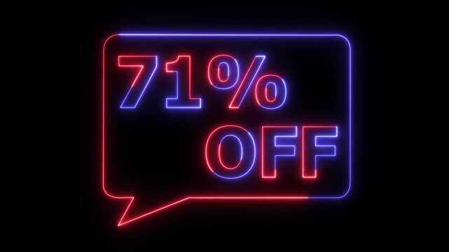 Neon discount sale banner with 71 percent off glowing in blue and red digital display on black background for marketing promotions
