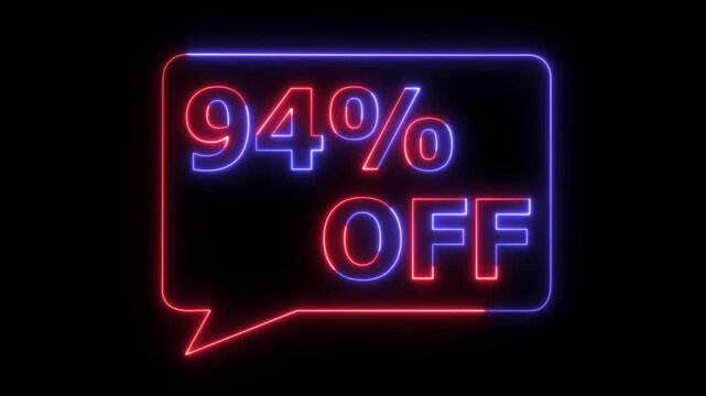 Neon discount sale sign with 94 percent off glowing in bright blue and red digital display on black background