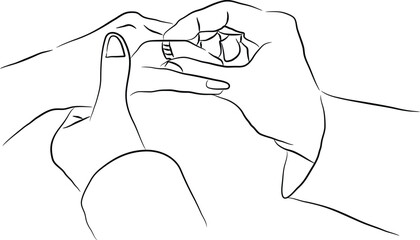 Minimalist One Line Drawing of Hands Exchanging Wedding Rings