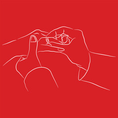 Minimalist White One Line Wedding Ring Exchange on Red Background