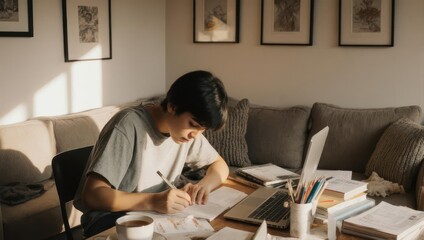 A person studies at a home table, surrounded by books and papers. Sunlight streams in