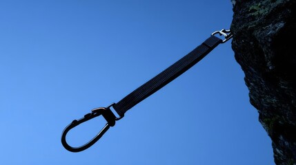 Fototapeta premium Black Backpack Strap with Carabiner Against a Clear Blue Sky