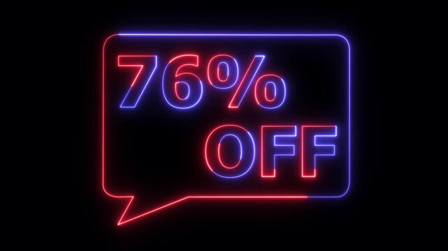 Neon discount sale banner with 76 percent off glowing in blue and red on black background for marketing