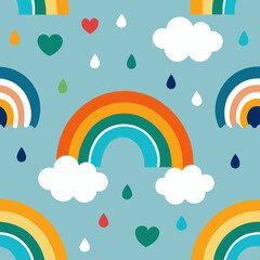 Colorful seamless pattern with rainbows clouds hearts and raindrops on blue background