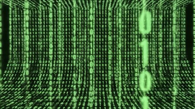 Green binary code streams creating a digital tunnel effect in a dark background