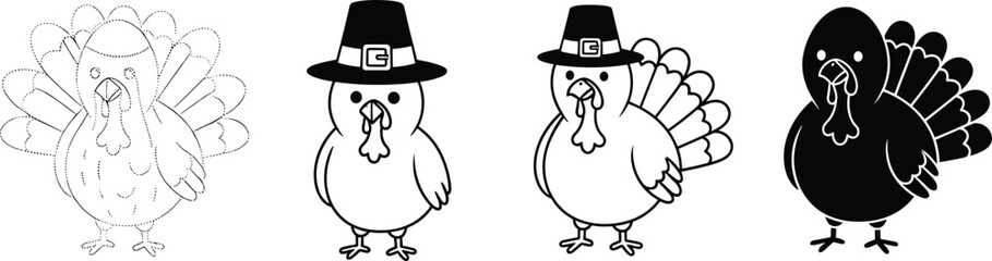 Fototapeta premium Thanksgiving turkey vector set featuring pilgrim hat bird characters in traceable line art silhouette and cartoon styles for holiday educational activities and design