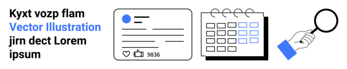 Social media management, event planning, digital marketing, analytical tools, workflow processes, content strategy. Social media card, calendar magnifying glass. Social media management and event