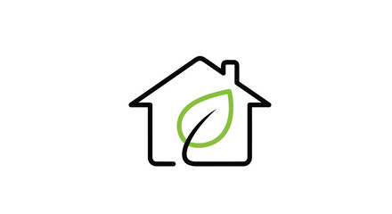 Obraz premium Minimalist black outline of a house featuring a vibrant green leaf inside to represent eco-friendly living and sustainable architecture concepts.
