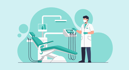 Dentist in Clinic with Modern Dental Chair and Equipment