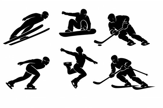 Winter Olympics 2026 professional male athletes illustration silhouette, winter sports championship concept, alpine winter games, Olympic style sports