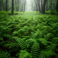 Fototapeta premium A serene forest landscape with lush greenery and tall trees.