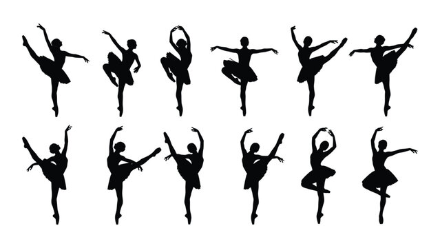 Graceful ballerinas in various elegant dance poses isolated on white background, Vector