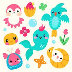 Cute collection of colorful cartoon animals and sea creatures in a playful flat style.