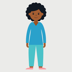 Flat illustration of a smiling black woman with curly hair wearing a blue top and pants