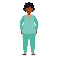 A flat vector illustration of a smiling black woman wearing teal colored medical scrubs.