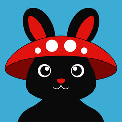 Cute black rabbit illustration wearing a red mushroom hat with white polka dots on a blue background.