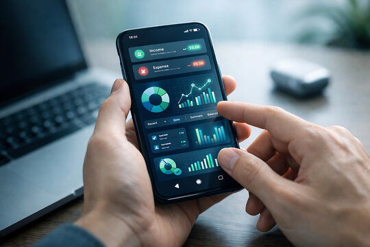 Mobile finance management concept with person checking real time transactions, digital income and expense tracking, and financial data analytics on smartphone for personal budgeting and smart banking