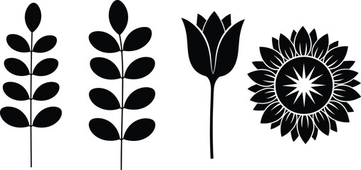Fototapeta premium Minimalist black botanical silhouette vector set featuring floral elements, leaves, tulip flower, and decorative plant illustrations for design projects