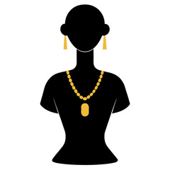 Black silhouette of a jewelry mannequin wearing a gold necklace and earrings on white background.