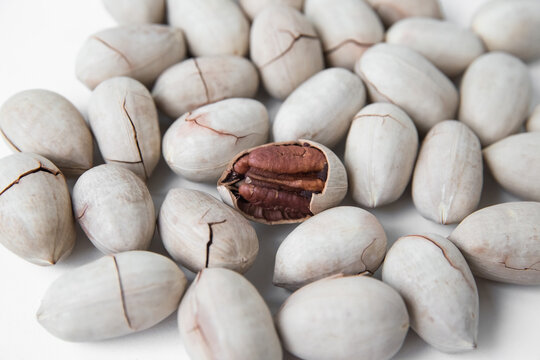 Pecan nuts in the shell with cracks on a white background, close-up of one shelled nut
