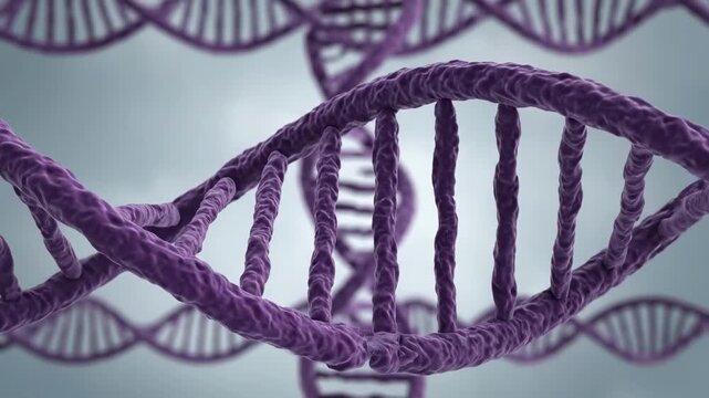 Close-up of green proteins attached to purple DNA strands