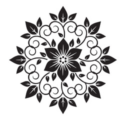 Fototapeta premium Symmetrical Black Floral Mandala Design featuring an Ornate Central Blossom with Filigree Swirls and Pointed Leaf Accents in a Circular Radial Pattern