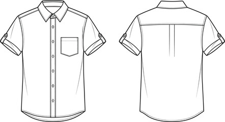 Front and back view of short sleeve button down shirt technical flat sketch, detailed apparel design template illustration © MstFulmoti