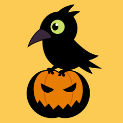 A cute cartoon black crow sitting on a carved halloween pumpkin jack-o-lantern on yellow background