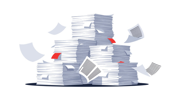 Illustration of multiple tall stacks of white paper sheets and files with red bookmarks being blown around to represent office work overload.