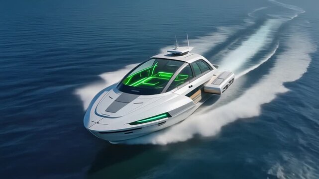 4K video of a futuristic speedboat racing across calm waters