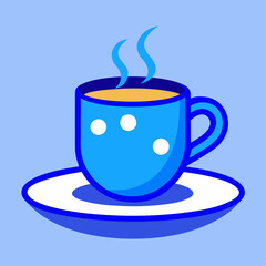 A blue polka dot coffee mug on a white saucer with hot steam rising from the top