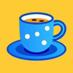 Blue polka dot coffee cup with a saucer on a bright yellow background illustration.