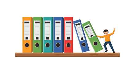 Obraz premium Playful illustration of a happy man in a yellow shirt pushing against a row of large colorful office binders to stop them from falling over.