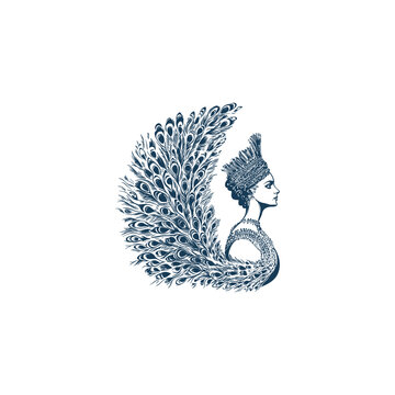 Vintage engraving style illustration of a royal queen portrait adorned with elegant peacock feathers.