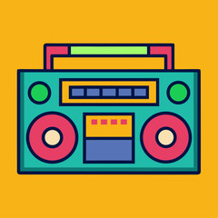 A colorful retro boombox illustration with vibrant colors on a yellow background.