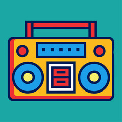 Retro boombox illustration with vibrant colors and a classic nineties aesthetic on teal.