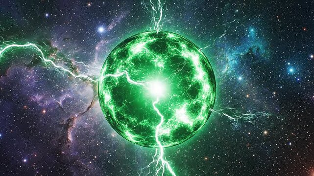 4K video of a green glowing ball with lightning bolts in space