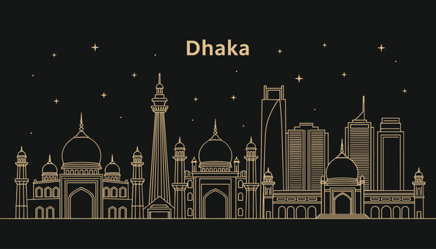 Dhaka city skyline illustration showcasing modern and historic landmarks of Bangladesh capital in clean line vector style
